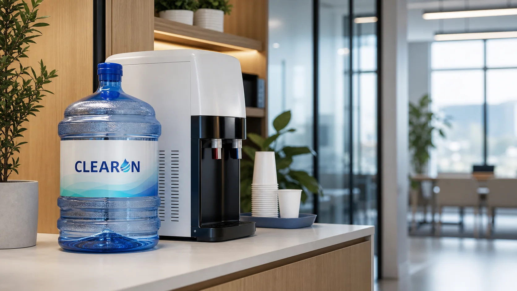 CLEARON 20 litre water jar with a wrapped label beside a dispenser in a modern office pantry