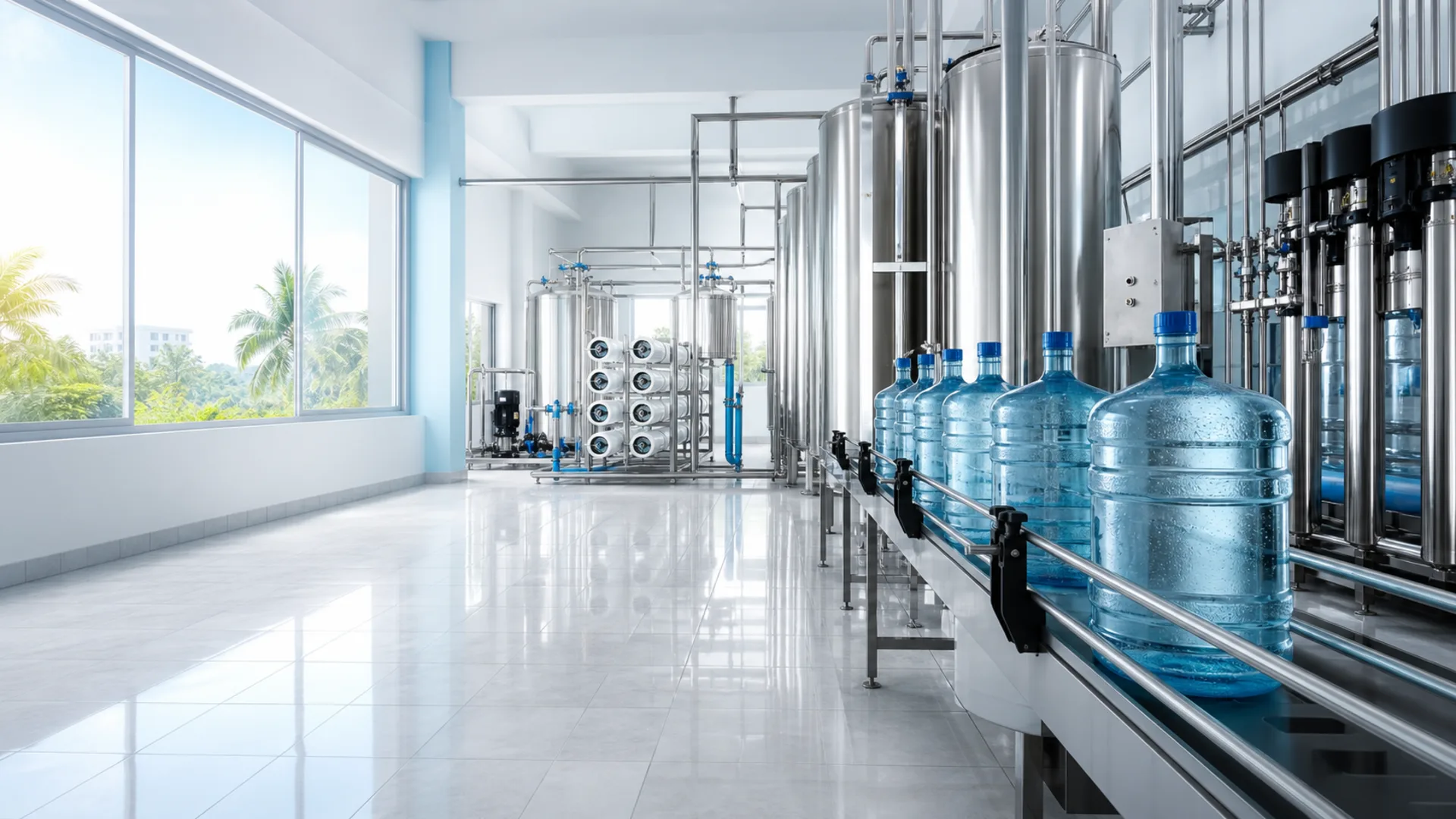 Modern packaged drinking water purification facility with stainless steel tanks