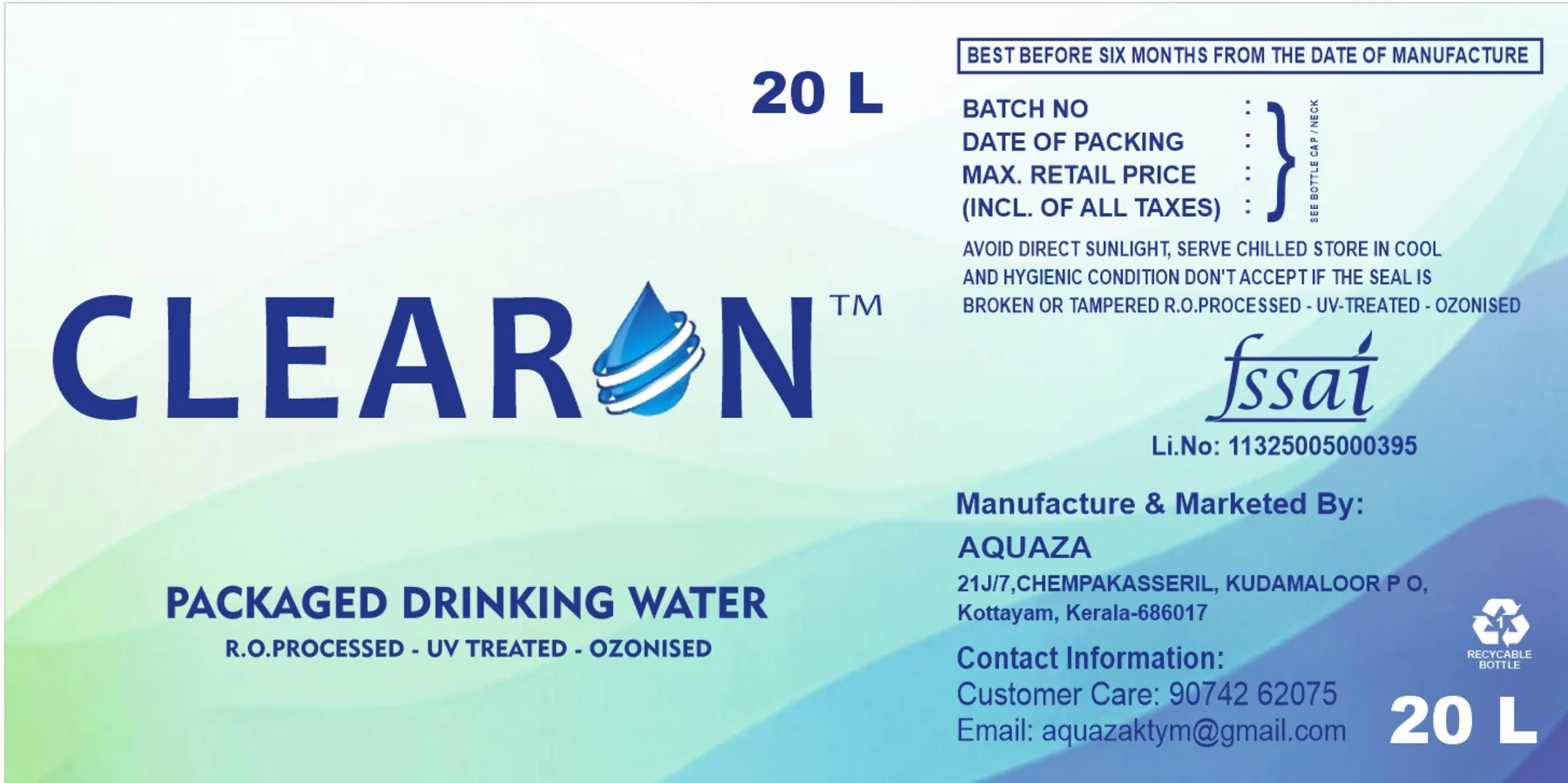 CLEARON 20 litre packaged drinking water label with FSSAI details