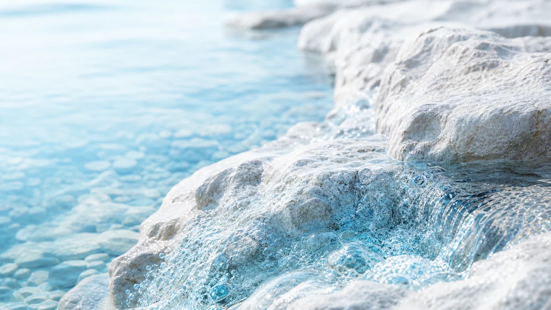 Clear water flowing over pale mineral stone